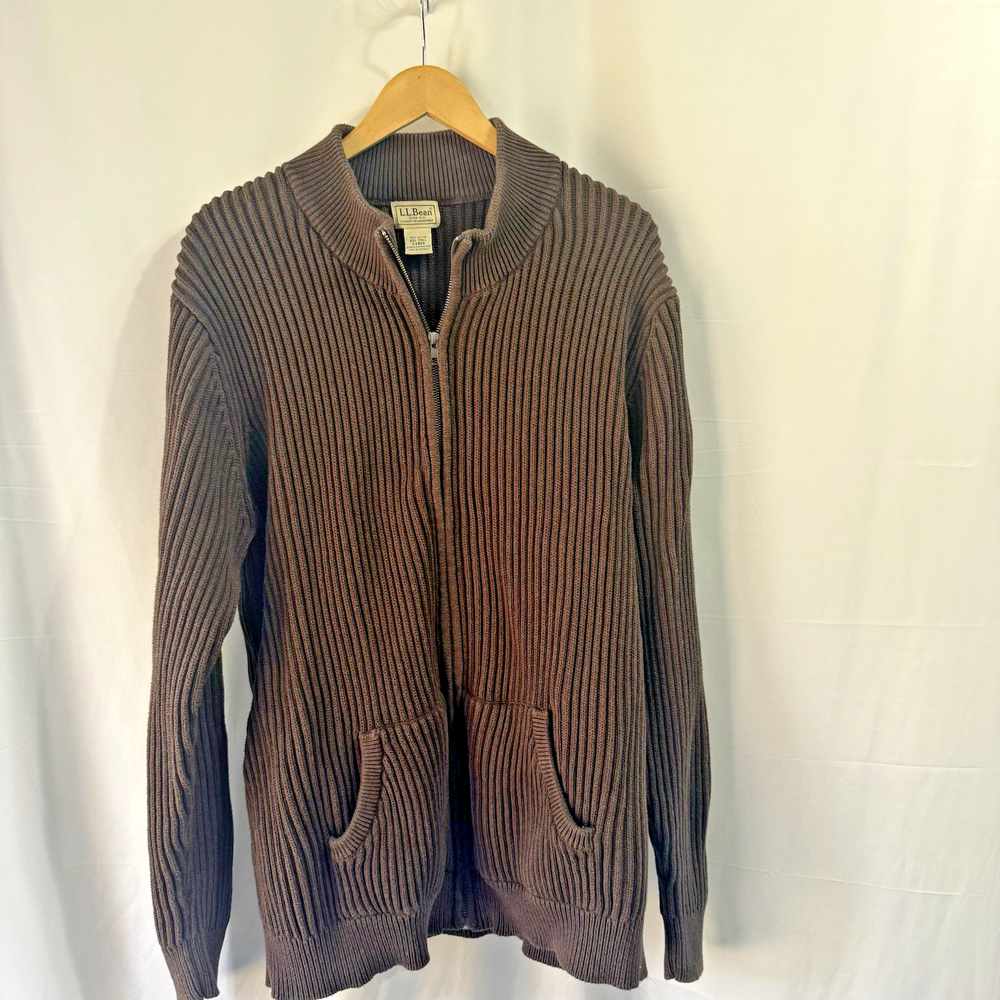 LL Bean Full Zip Sweater Mens 2XL Brown Knit Cotton Fisherman Outdoors Gorpcore