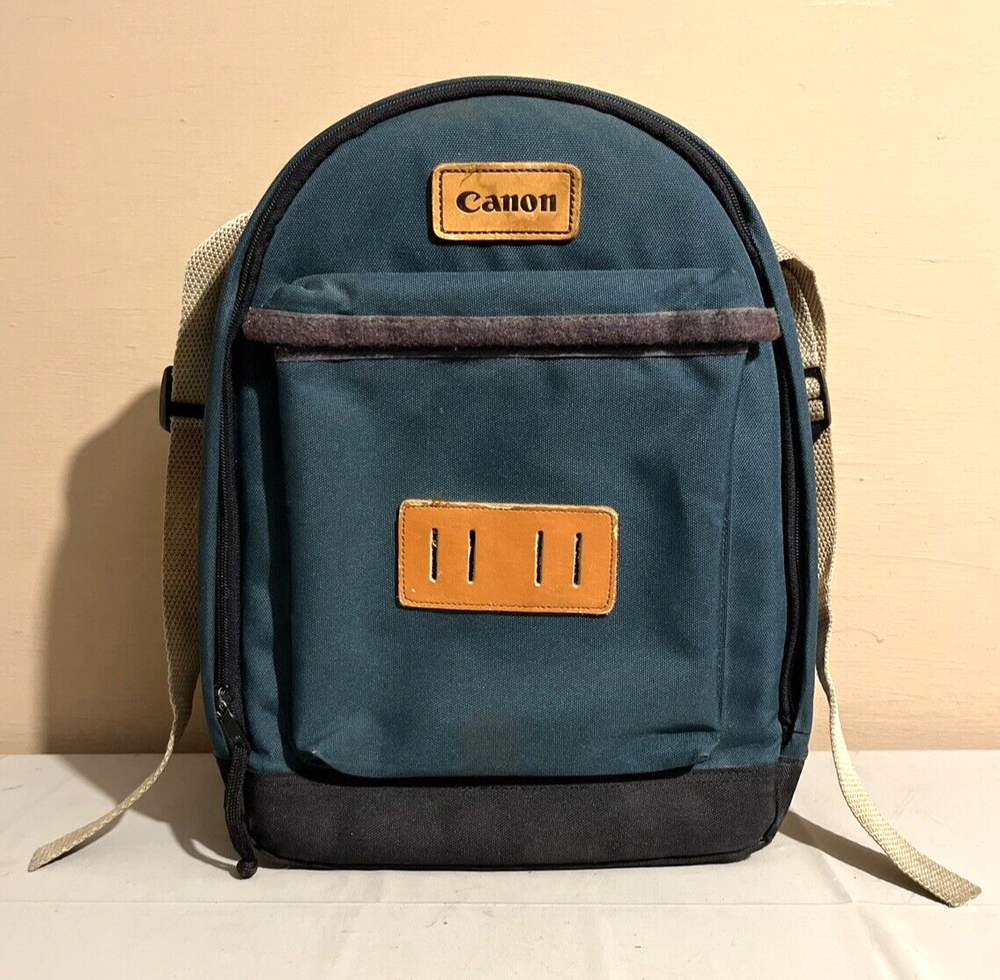 Vintage Canon Camera Professional Backpack Canvas Dark Green Leather Travel