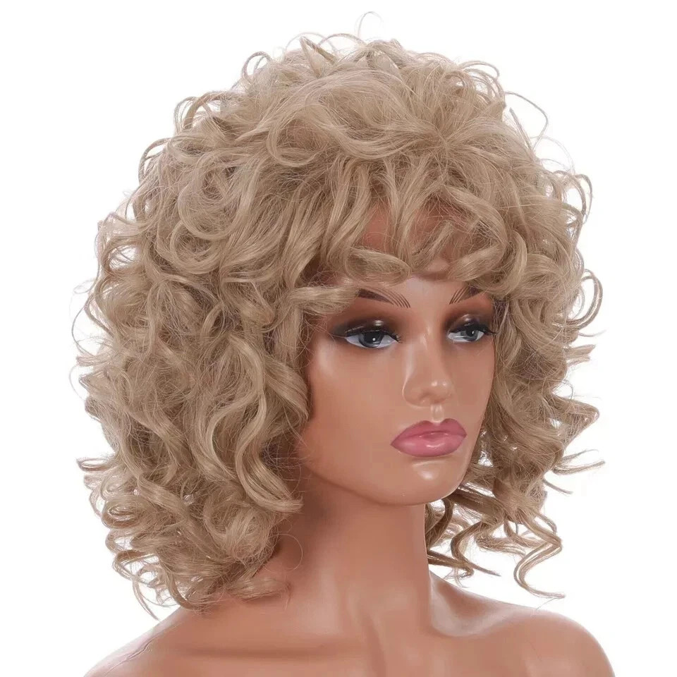 Hot Medium Length Blonde Fluffy Afro Curly Synthetic Hair Wig Women Cosplay Wigs