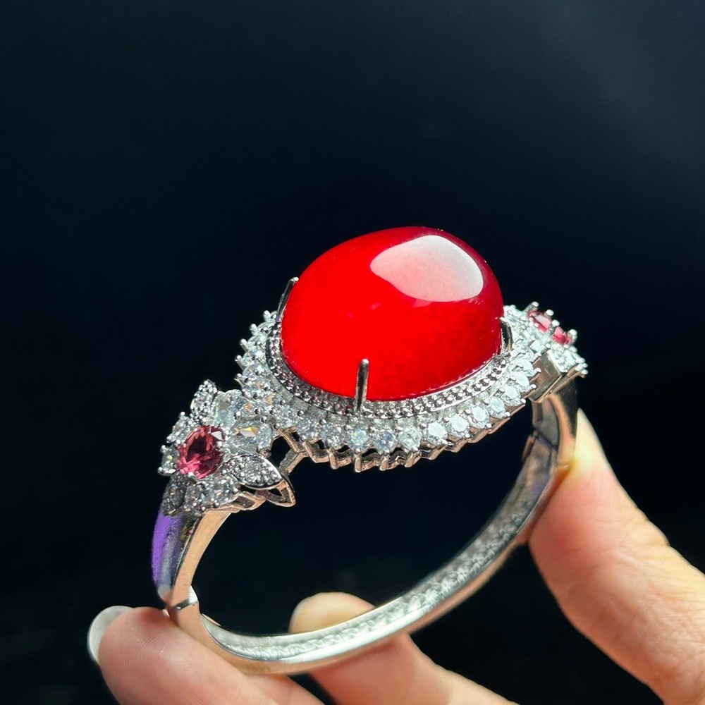 Certified Natural High Ice Red Burmese Jadeite Mosaic Bangle Bracelet