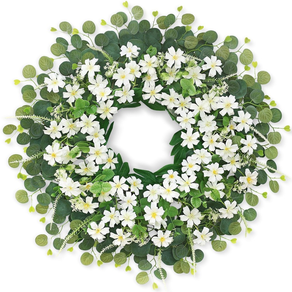 26-Inch Artificial Daisy and Eucalyptus Wreath for Door or Window Decor
