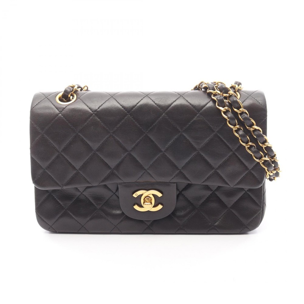 CHANEL Matelasse W flap chain Shoulder Bag Lambskin Black Used Women GHW