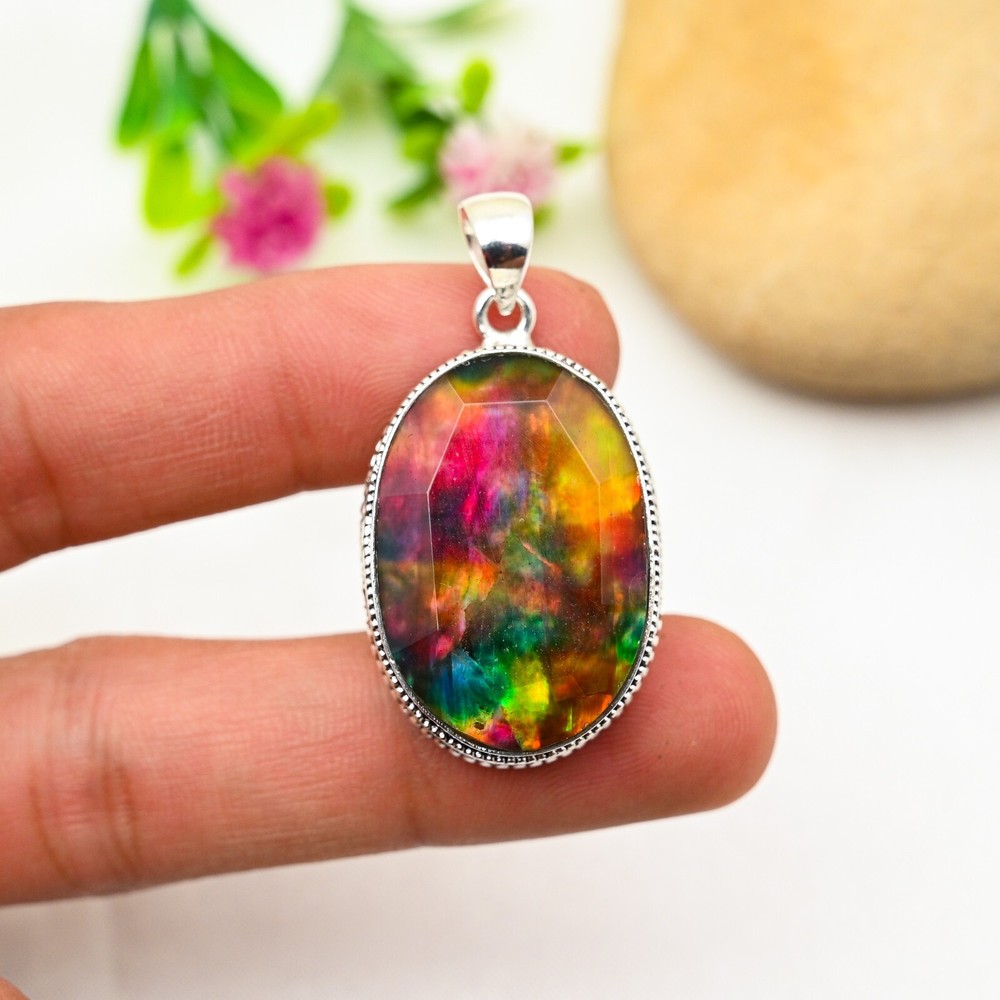 Beautiful Ammolite Gemstone Pendant 925 Sterling Silver Handmade Jewelry Gift