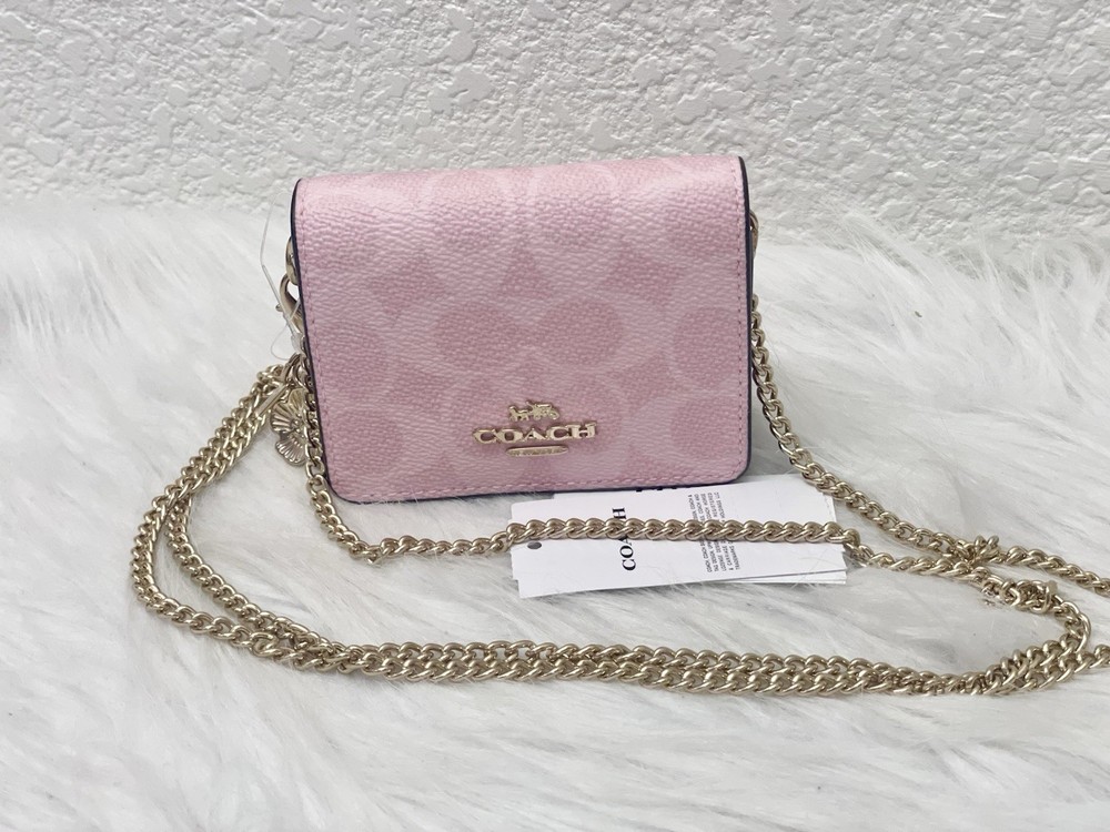 NWT Coach Mini Wallet On A Chain Signature Canvas With Charms CEF59 Powder Pink