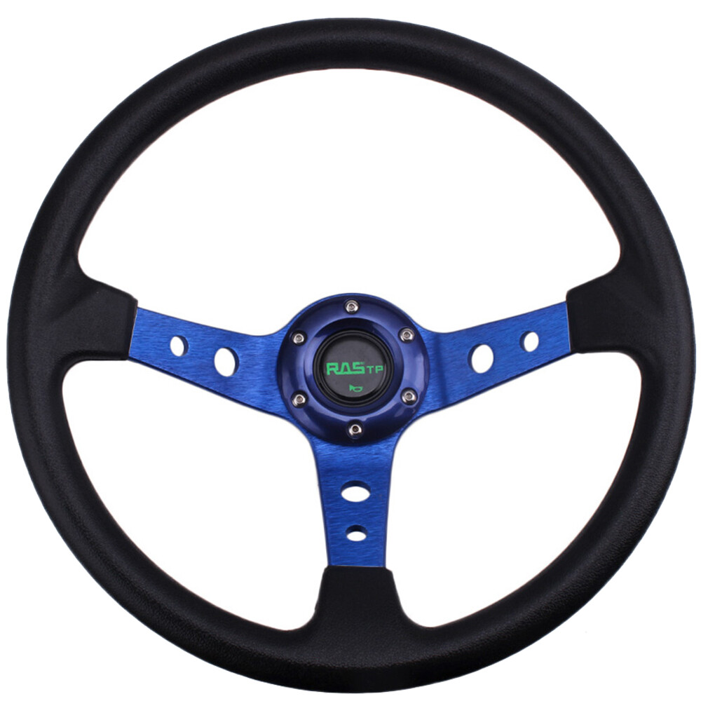 14-inch Blue Aluminum Deep Dish 6-Bolt PU Steering Wheel with Horn Button