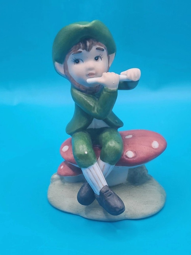 Lefton China Leprechaun Elf Pixie Playing Flute On Mushroom