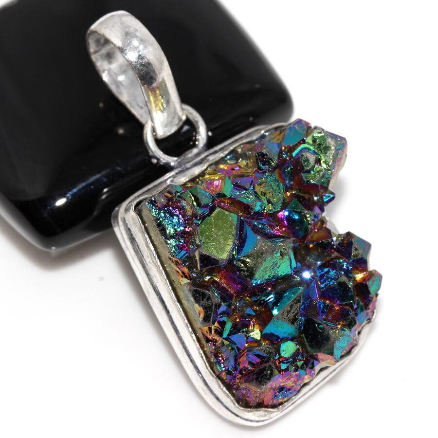 Titanium Druzy 925 Silver Plated Gemstone Pendant 1.5