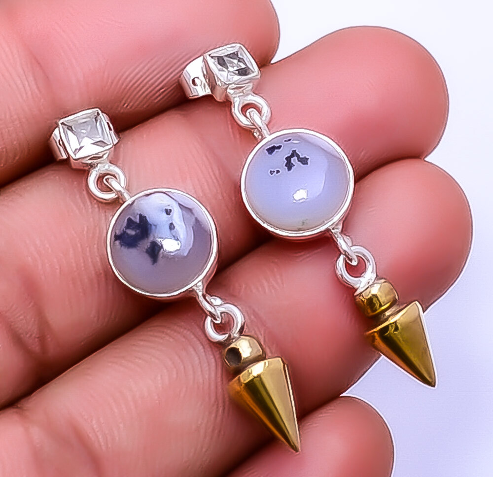 Merlinite Dendritic Opal -Brazil 925 Sterling Silver Two Tone Earring 1.50