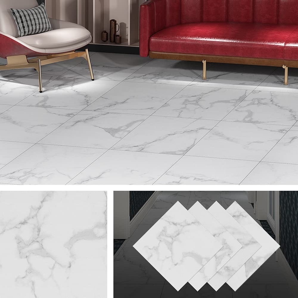 Carrara Marble Waterproof Peel and Stick Floor Tiles for Bathroom