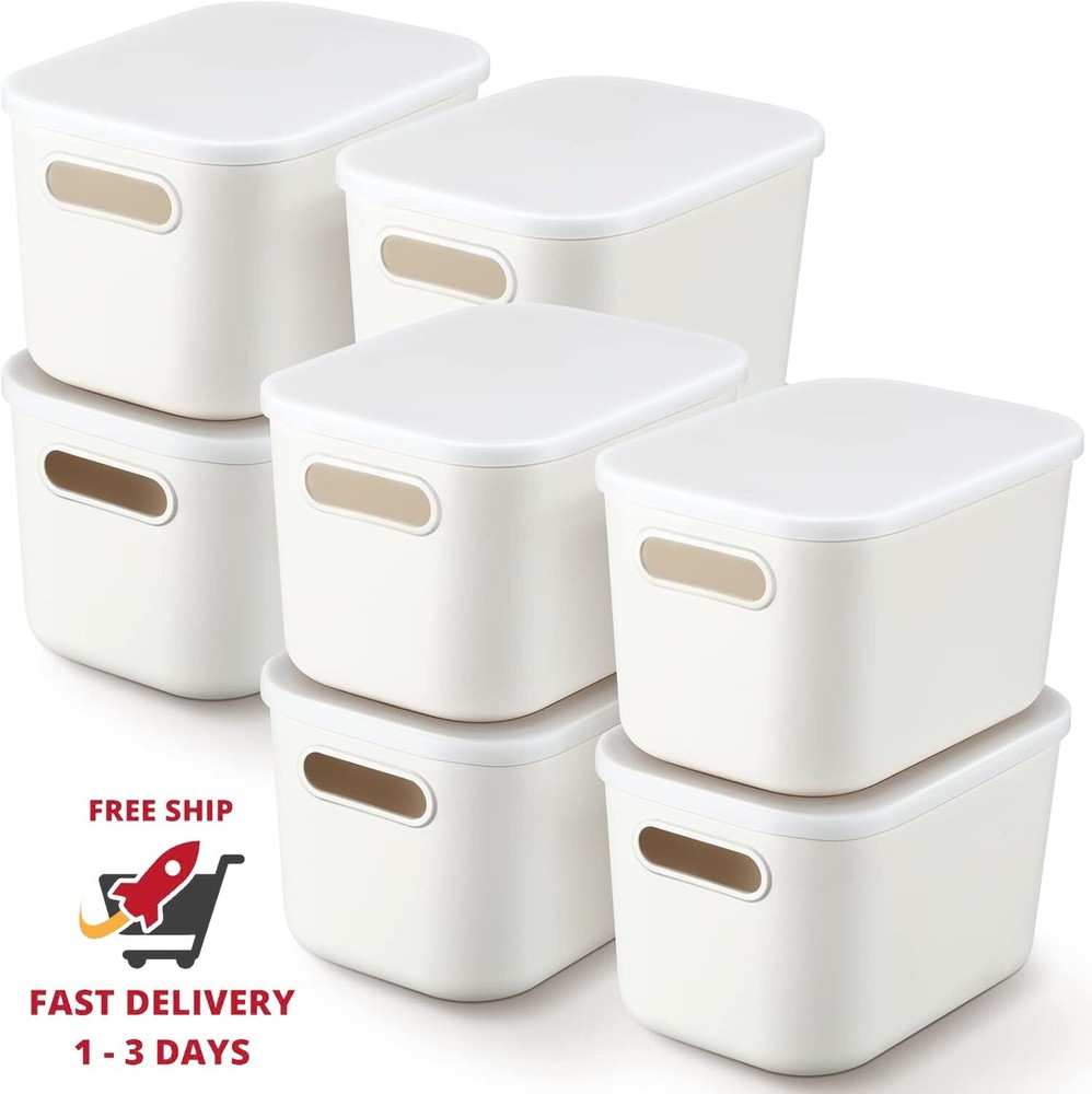 8 contenedores de plástico con tapa, cestas blancas con asa, apilables