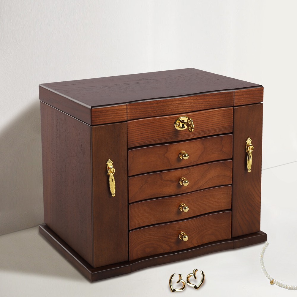 Wooden 5-Layer Large 4 Drawers Jewelry Box For Wowen with Mirror Organizer Box
