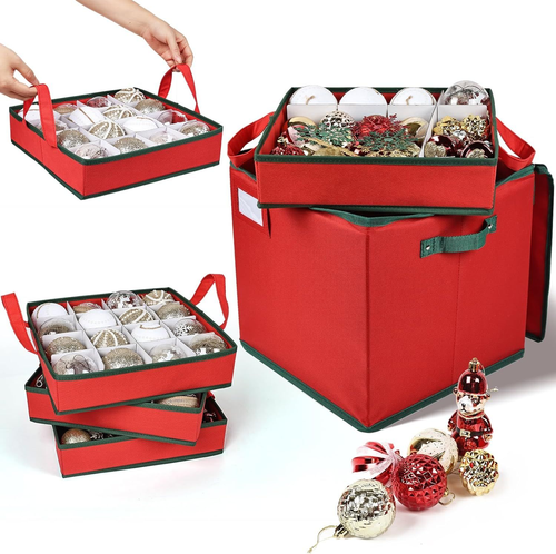 Christmas Ornament Storage Box Large Capacity Decoration Organizer Holds Red Baubles