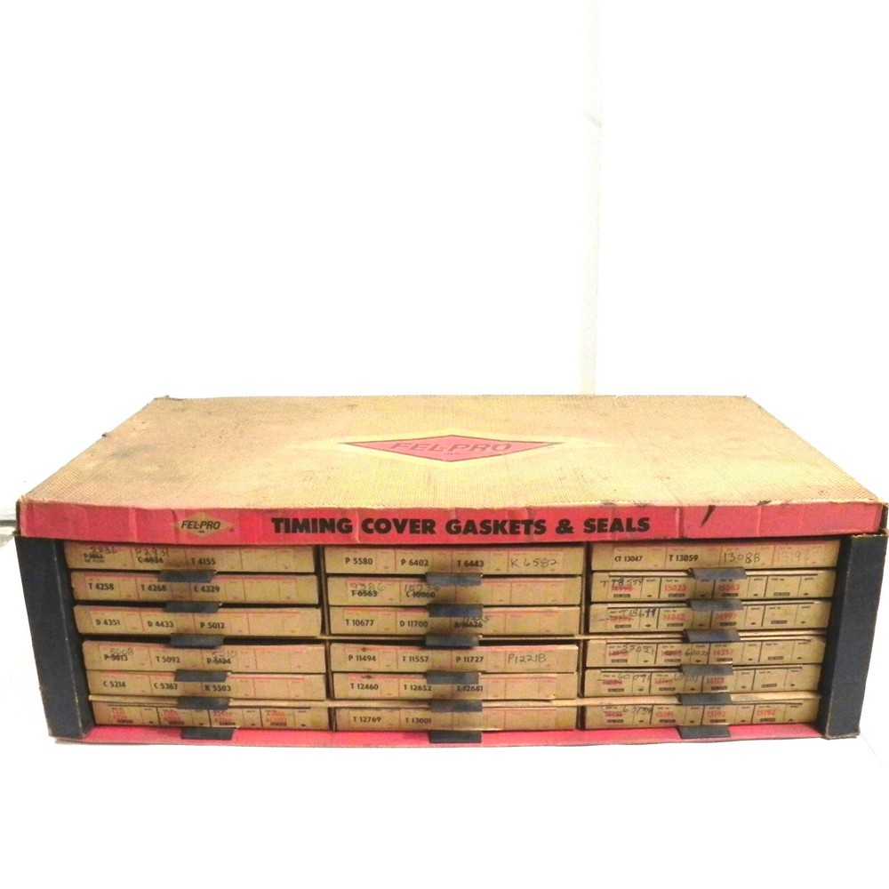 VINTAGE FEL-PRO TIMING COVER GASKETS & SEALS CARDBOARD DISPLAY SOME CONTENTS VTG
