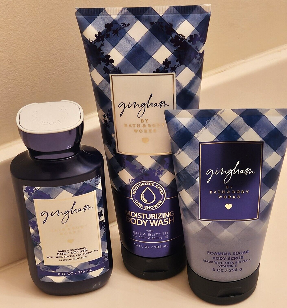 3 Piece Bath & Body Works Gingham Scented Body Wash, Body Lotion, Body Scrub