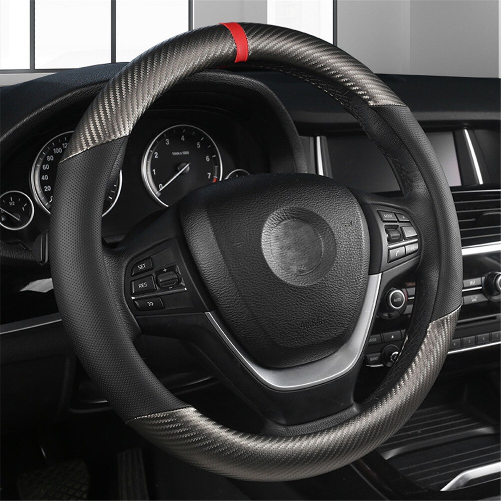 Carbon Fiber Black Leather Car Steering Wheel Cover Antislip NEW Car Accessories
