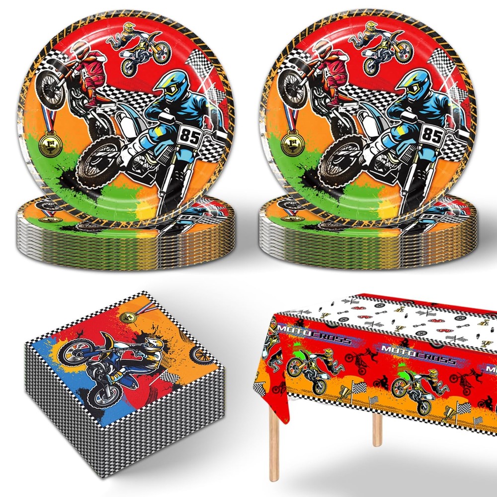 41pcs Dirt Bike Party Set with Plates, Napkins & Tablecloth
