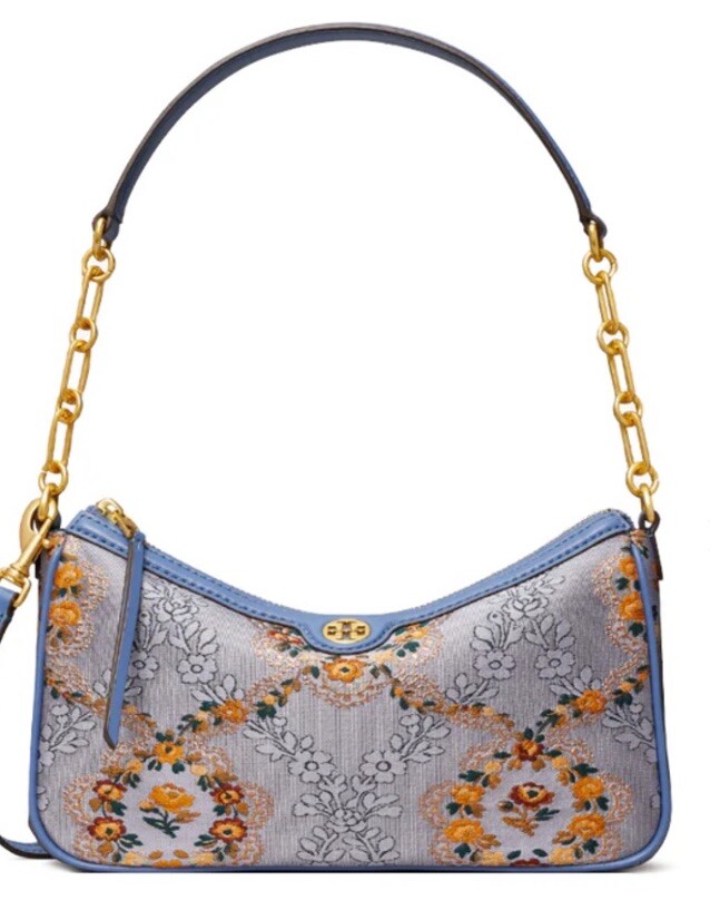 Tory Burch 86604 T Monogram Brocade Shoulder Bag Crossbody Sea Frost Purse NWT