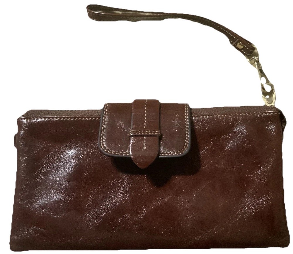 Genuine ?/ Faux ?Leather Multi-Compartment Organizer Wristlet – Dark Brown
