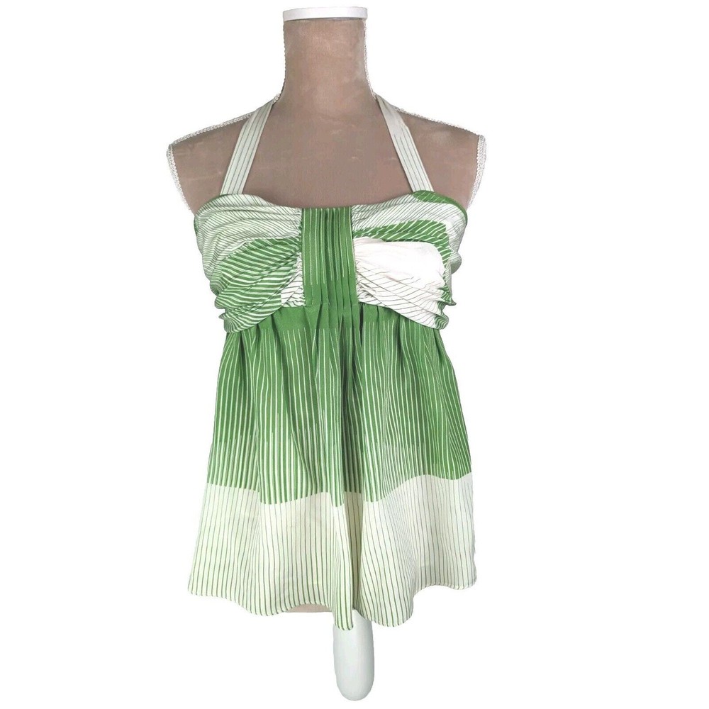 Alice + Olivia Green And White Ombre Silk Ruched Empire Swing Halter Top Size S