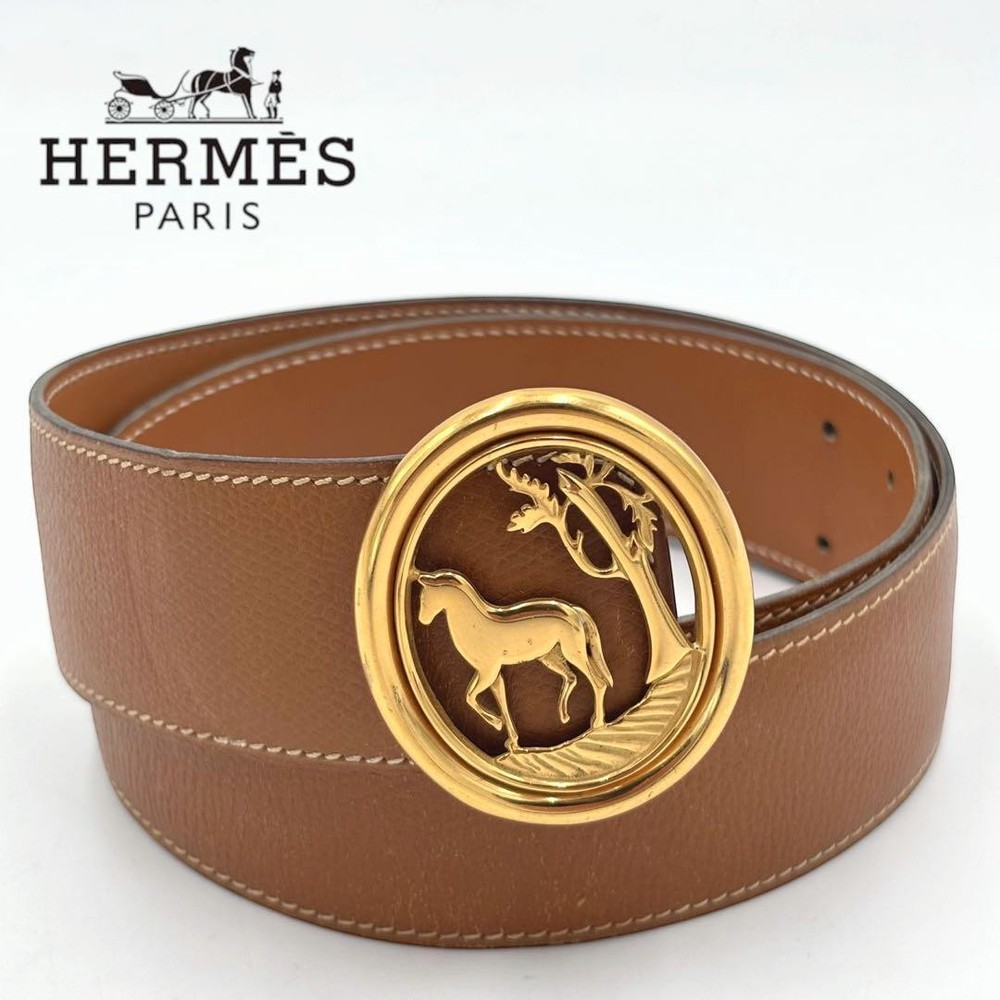 Vintage HERMES Leather Belt with Gold Horse Buckle Hardware