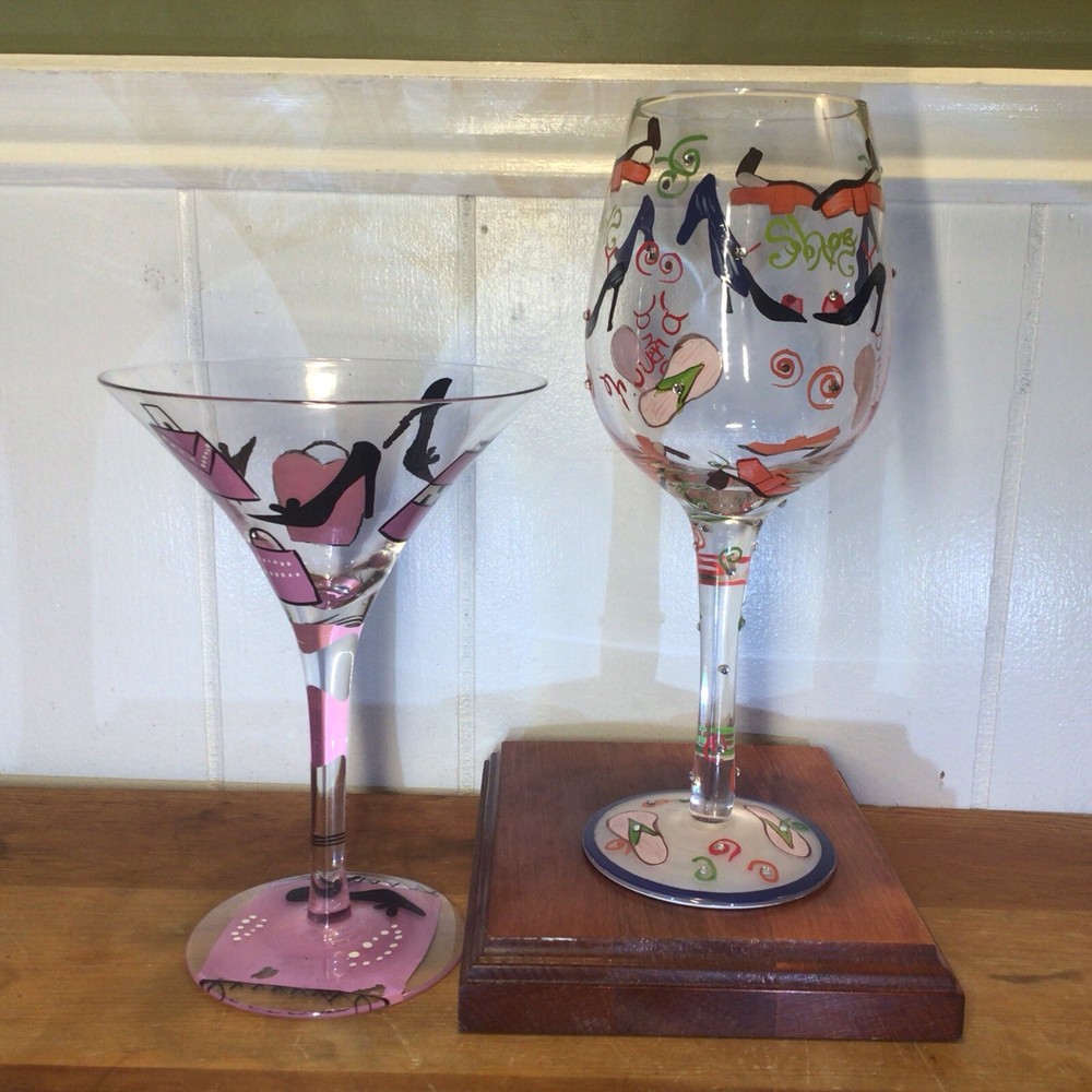 Delish 15 OZ vasos de vino y martini de la Quinta Avenida cristal pintado a mano vajilla