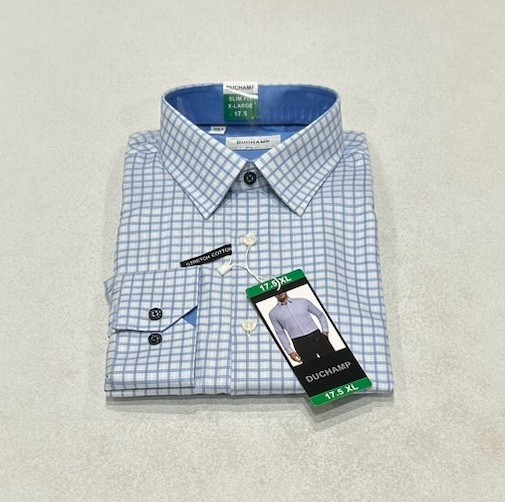 Duchamp London Men's Slim Fit Cotton Stretch Shirt, Light Blue, Size 17.5 XL