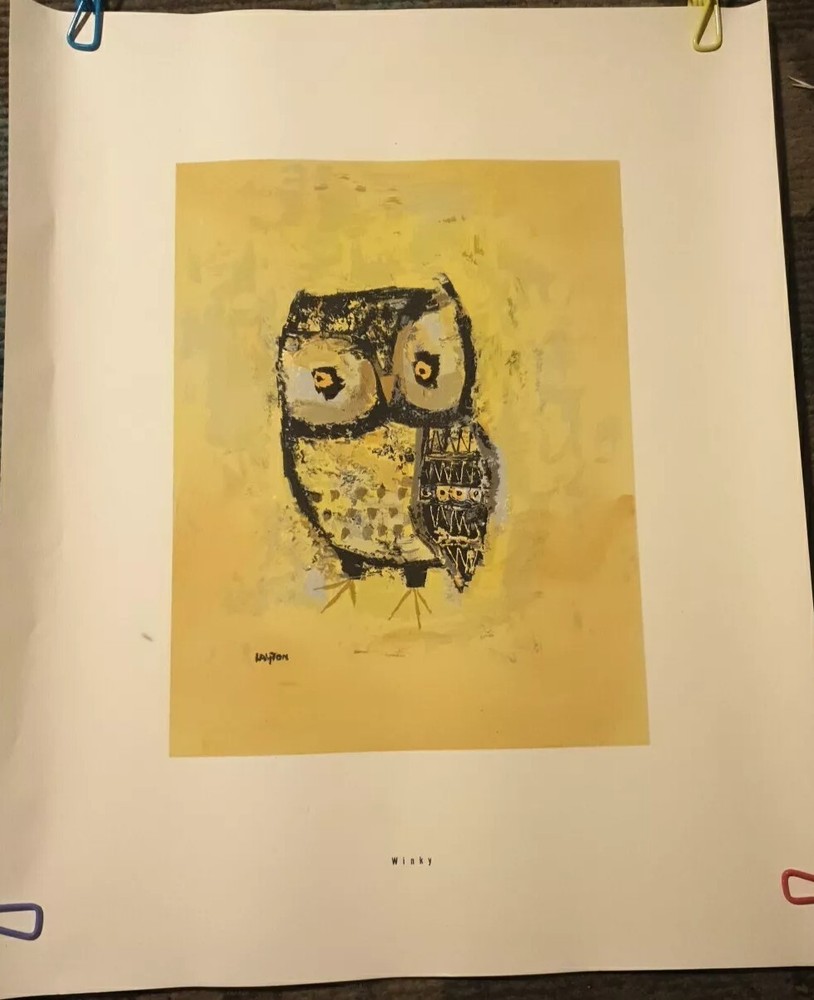 Margaret Layton Winky Original Vintage Owl Lithograph Watercolor Art Print  