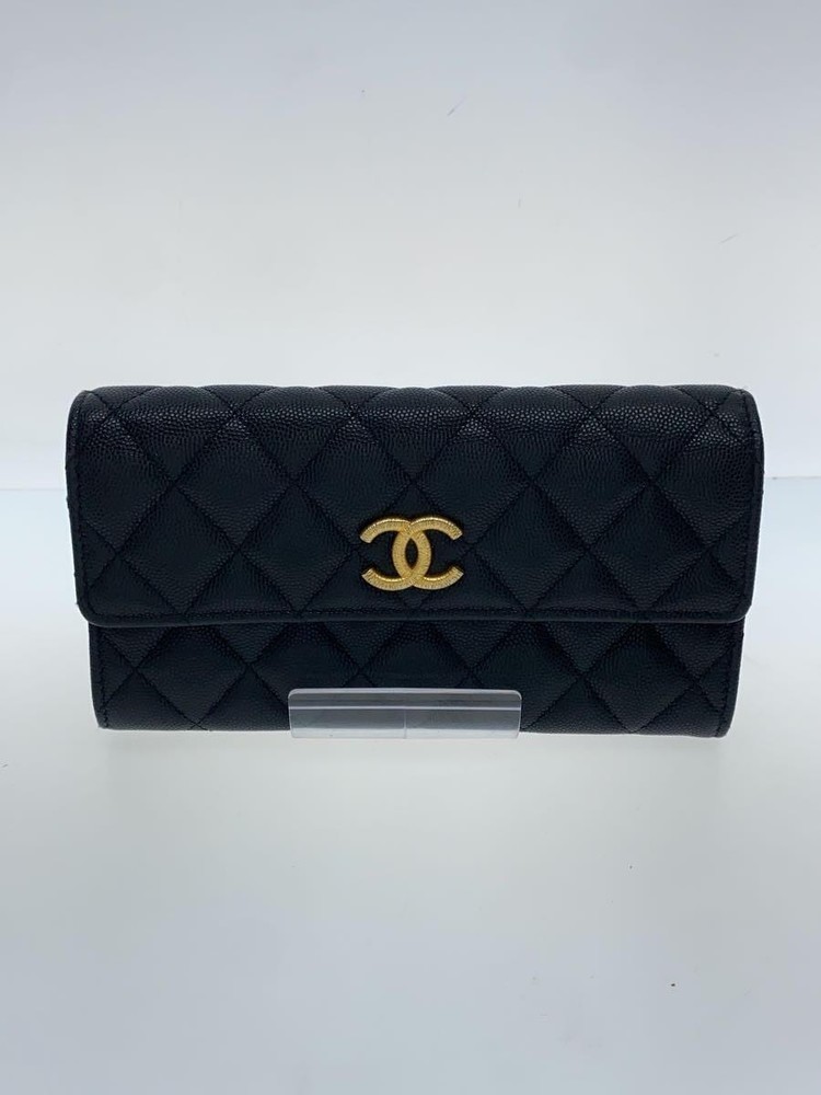 CHANEL Long Flap Wallet Matelassé Caviar Leather Gold CC Black Pre-Loved