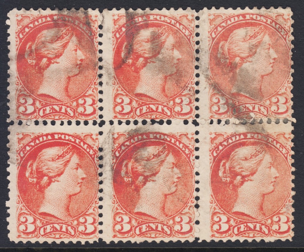 CANADA 37 Used 3c orange Small Queen BLOCK OF 6