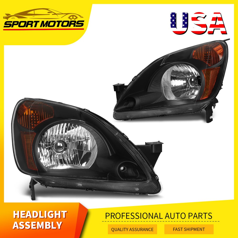 Headlights For 2002-2004 Honda CR-V CRV 02 03 04 Black Housing Headlamps LH+RH