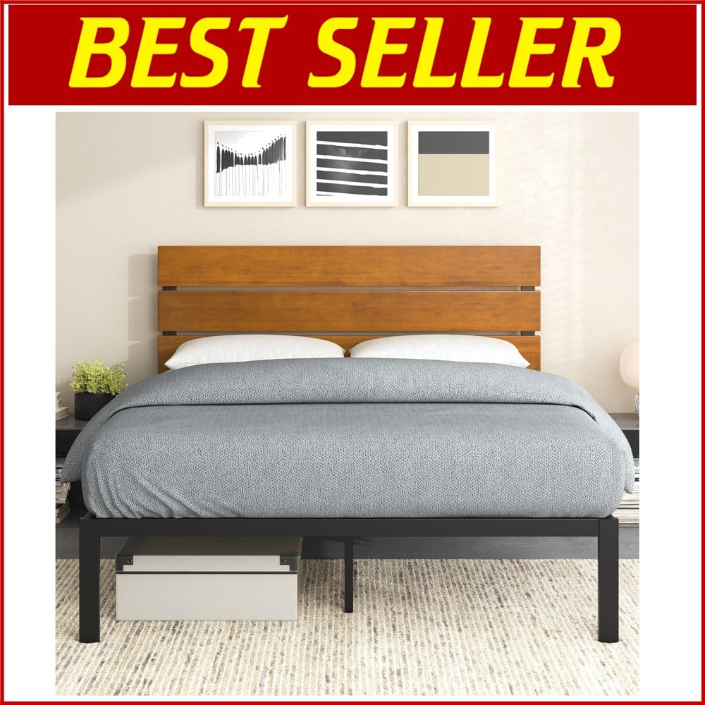 Full Size Paul Metal Platform Bed with Bamboo Headboard No Box Spring Required-image