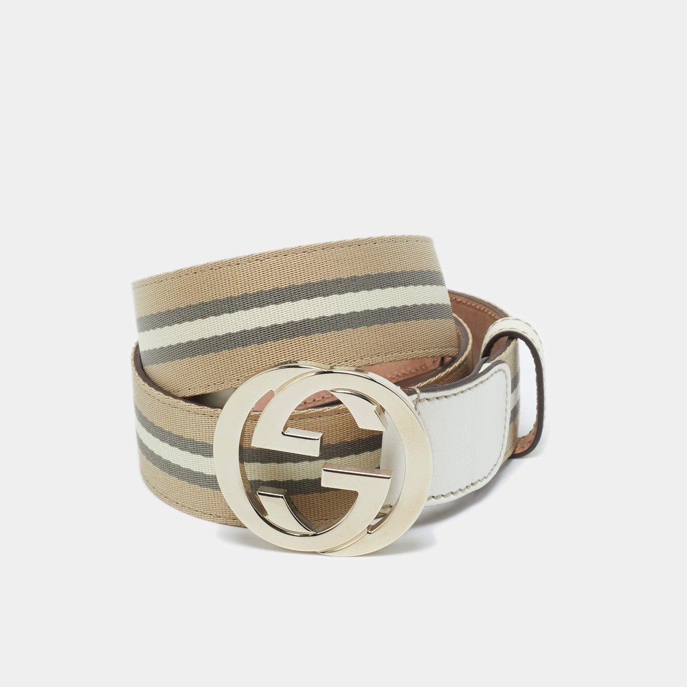Gucci BeigeWhite Web Canvas and Leather Interlocking G Buckle Belt 90CM