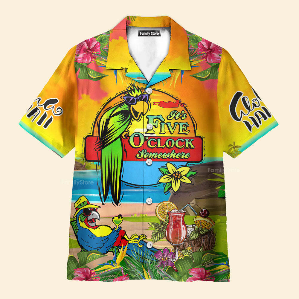 Parrot Tropical Flower Its 5 Oclock Somewhere Yellow Aloha Hawaiian Shirts