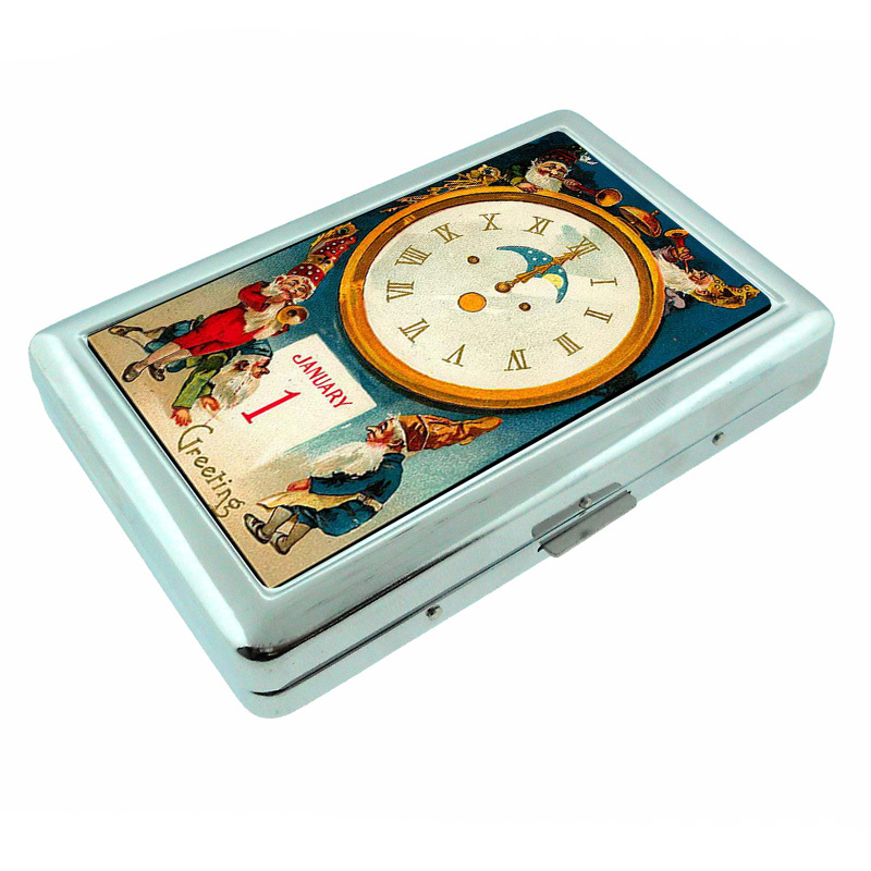 Vintage New Years Eve D10 Silver Metal Cigarette Case RFID Protection Wallet-image