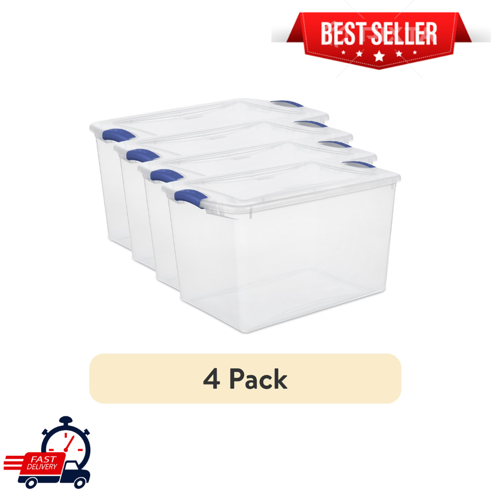 (4 pack) Sterilite Large Storage Bin, 66 Quart Clear Plastic Storage Container