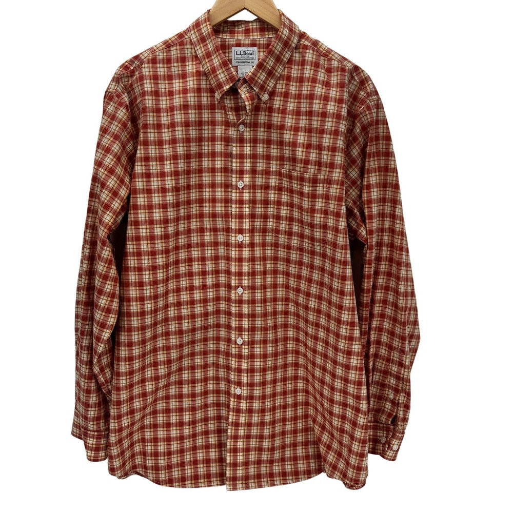 LL Bean Men's XL Orange Plaid Button Down Long Sleeve Shirt Traditional Fit