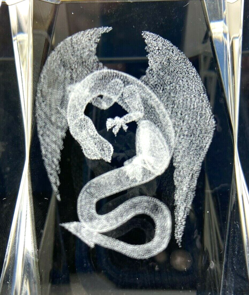 Glass Block Winged Dragon Image Paperweight 3D Fine Laser Etched Glass 3