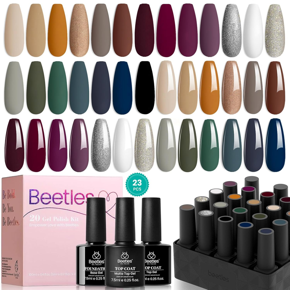 23Pcs Gel Nail Polish Set with Base & Top Coat in Matte & Glossy Finishes - Gray Brow by Beetles  