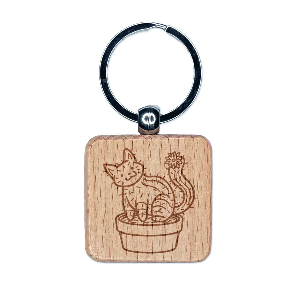 Cactus Cat Pun Engraved Wooden Keychain Charm Tag
