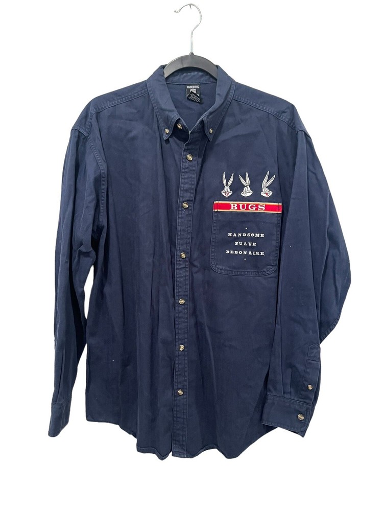 VTG 1996 Warner Bros Bugs Bunny Mens Medium Blue Button Down Shirt