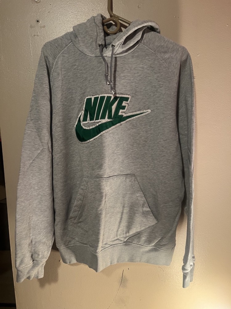 Vintage Nike Hoodie Sweatshirt Green Logo Gray XL