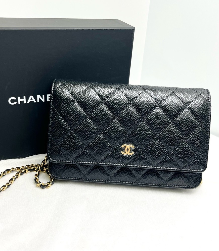 Chanel Wallet On Chain WOC Caviar Leather Quilted Flap Crossbody Bag Black Auth