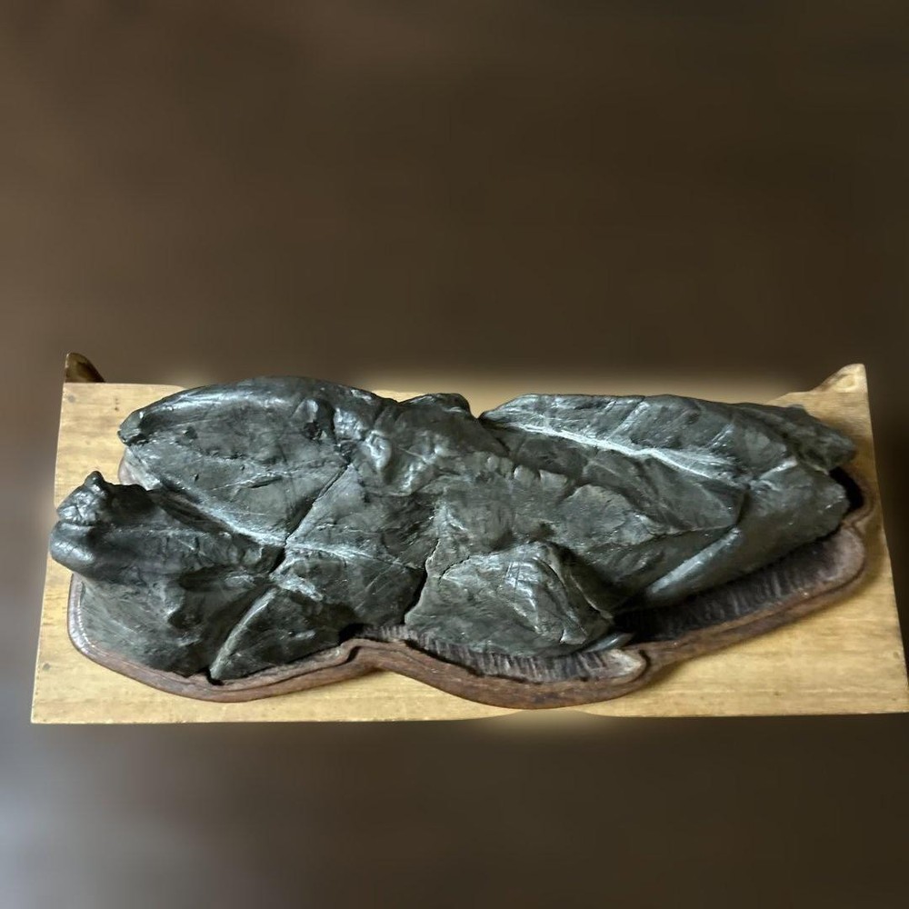 Japanese Suiseki Dark Gray Natural Viewing Stone with Wooden Base Interior Decor