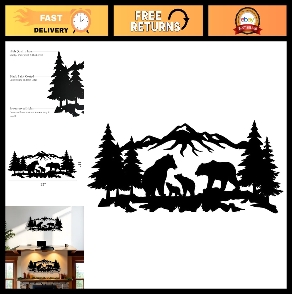 Rustic Mountain Bear Family Metal Wall Art - 22x11