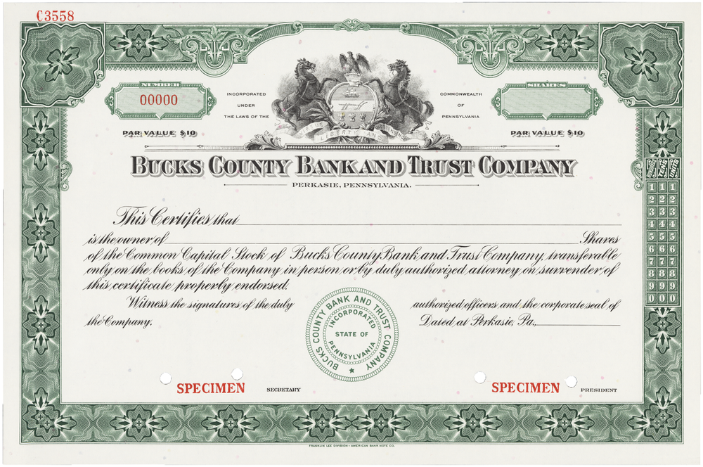 Bucks County Bank and Trust Company. Stock Certificate.