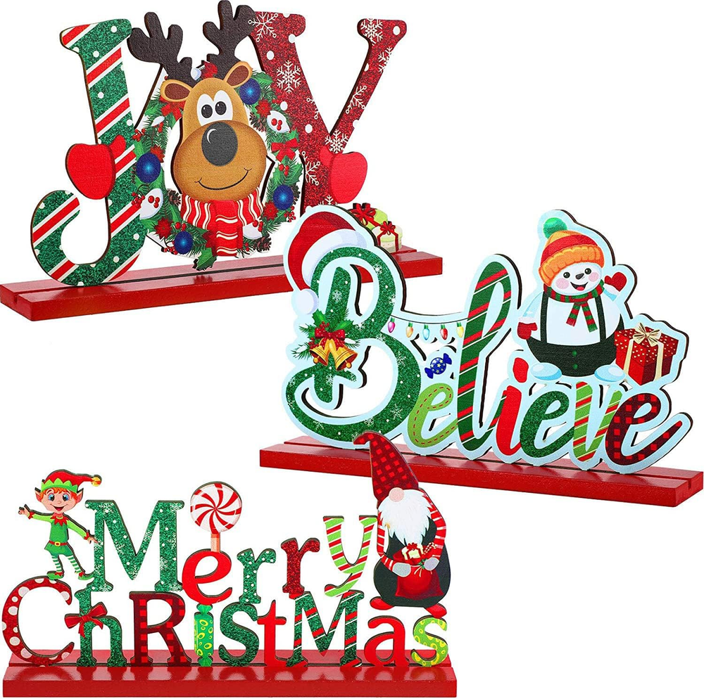 3 Pcs Christmas Decorations Indoor Centerpieces for Tables Tabletop Wooden Sign