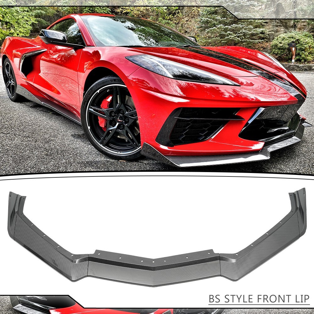 For 20+ Chevy Corvette C8 Stingray BS Style Front Bumper Spoiler Lip Carbon Look