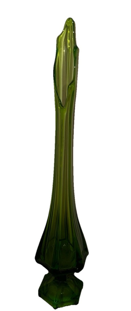 25.5” Tall Vintage Viking Glass Drape Swung Vase w/ Footed Hexagonal Base Green