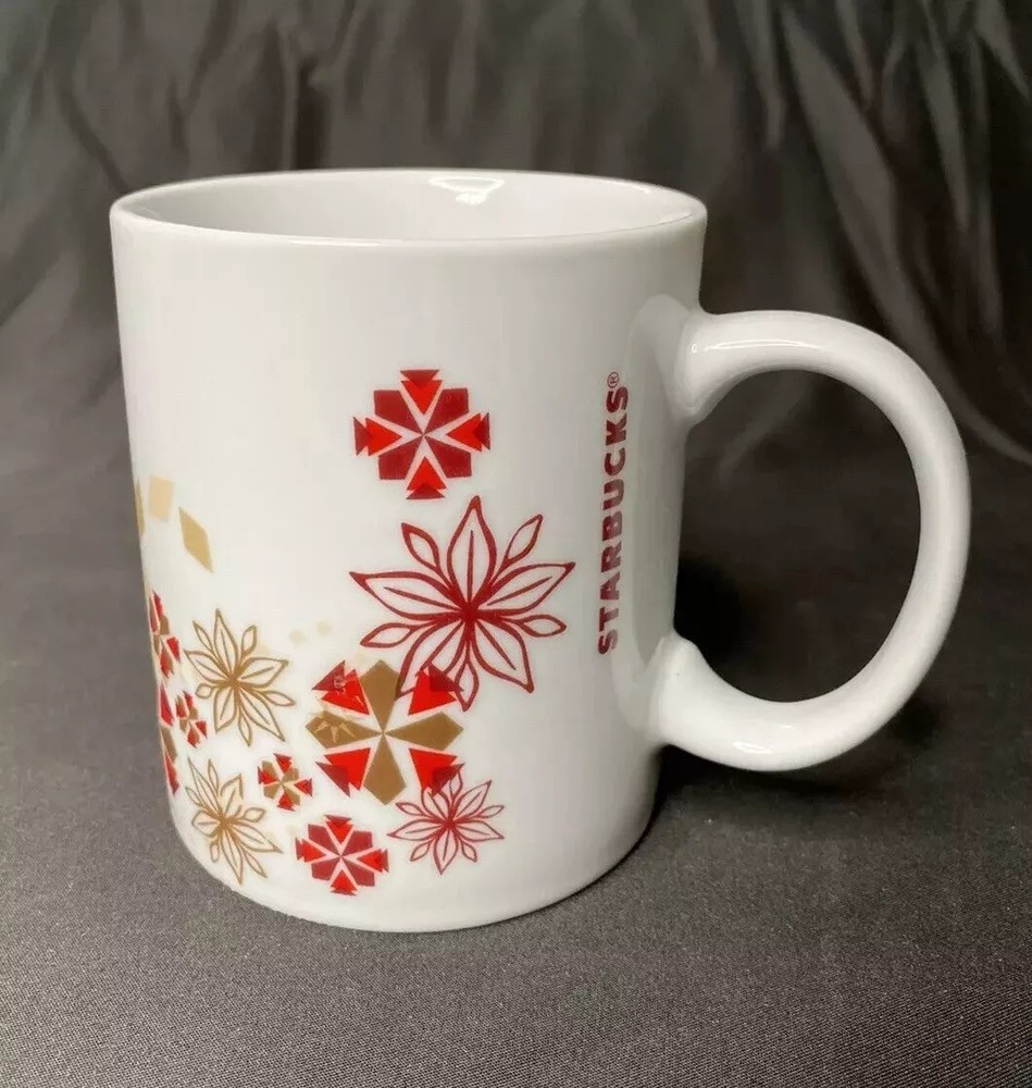 Starbucks 12oz Christmas Snowflakes Poinsettias Ceramic Mug