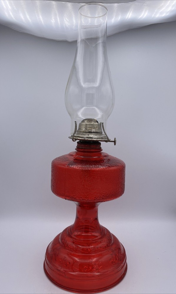 Vintage Red Pedestal Base Glass Oil Lamp Eagle Burner With Shade 18.5”